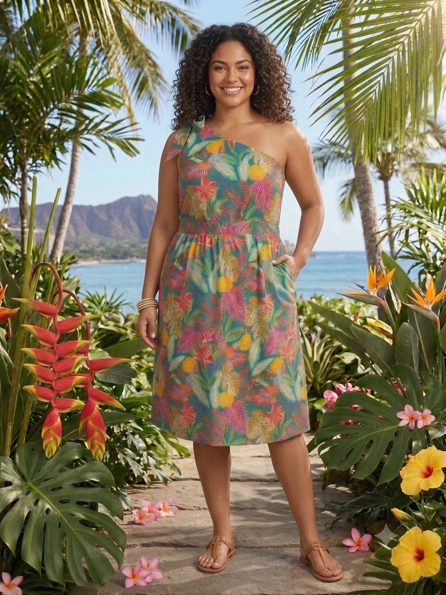 Gibson Latimer One-Shoulder Tropical Floral Dress In Green, Pink, Yellow